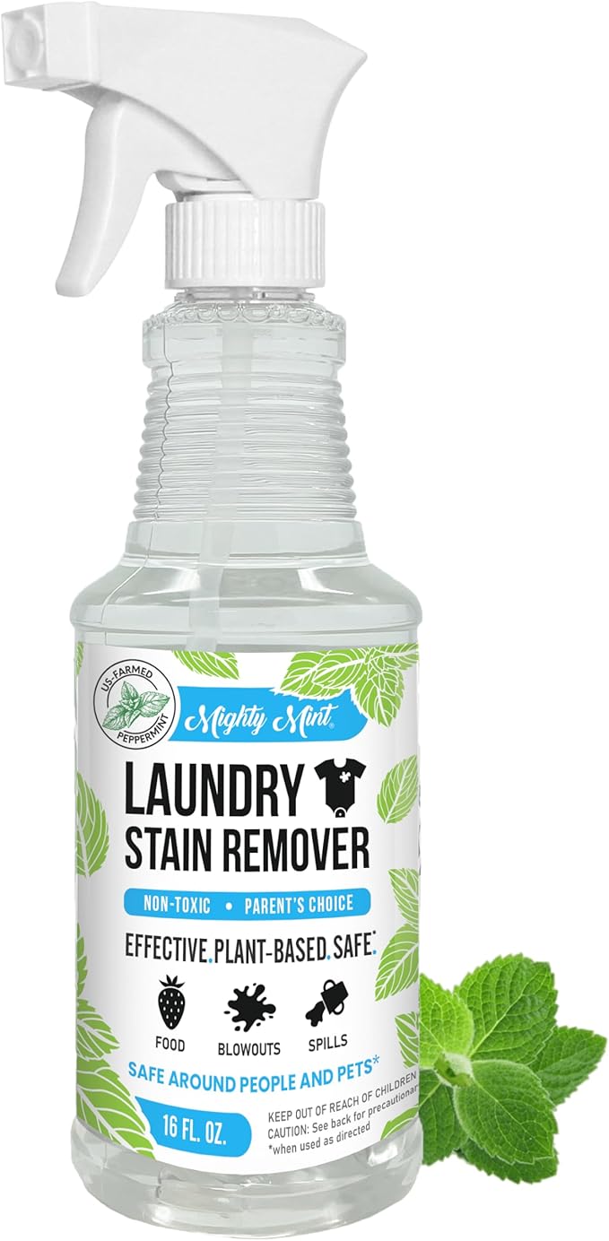 Mighty Mint Laundry Stain Remover, Parent’s Choice Spray for Stains from Food, Drink, Grease, Natural Peppermint Scent, 16oz
