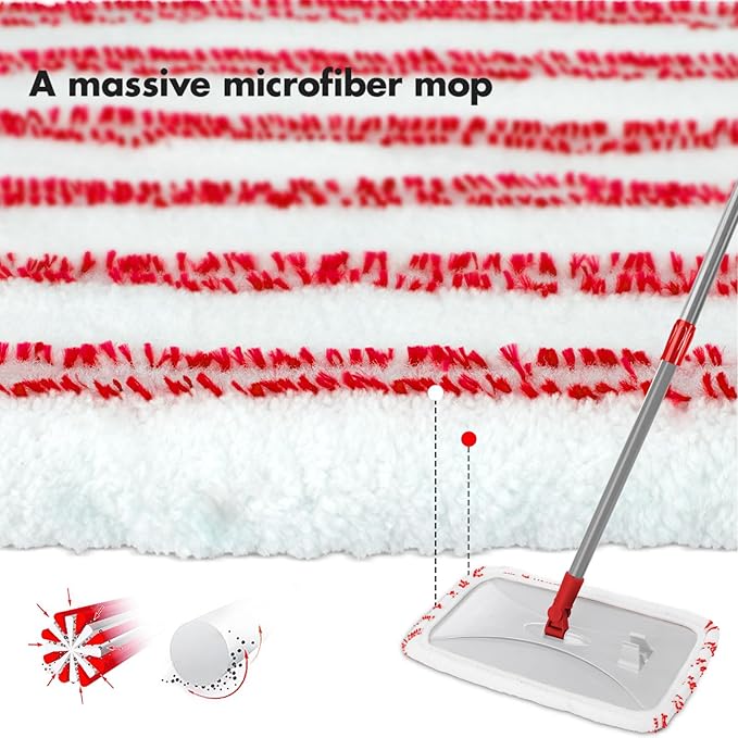Masthome Extra Large Microfiber Mop for Floor Cleaning, 16“ Flat Mop with 5 Pad for Wet & Dry Use, Dust Mop for Hardwood Laminate Tile Ceramic, 1 Cleaning Scraper Included-Red