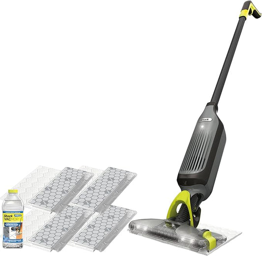 Shark VACMOP Cordless Hard Floor Cleaner, Vacuum and Spray Mop, Powerful Suction, Lightweight, LED Headlights, Includes 4 Disposable Pads, 12oz Multi-surface Cleaning Solution, Gray, VM252