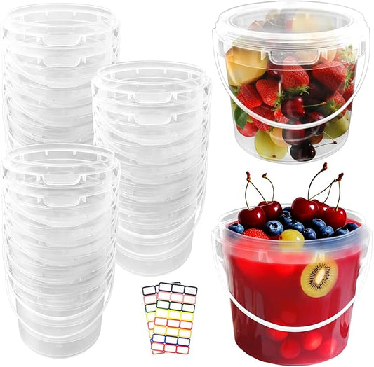 24 Pcs 48 oz Clear Buckets with Lids, Plastic Ice Cream Containers with Colorful Stickers and Handle, Round Food Storage Pails for Freezer and Microwave