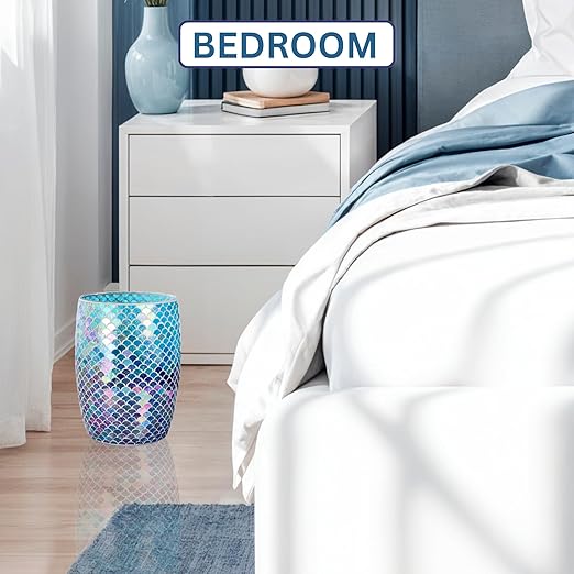 Escenzy Mermaid Bathroom Trash Can Mosaic Glass 5L | Decorative Small Garbage Can | 7" x 10" | Luxury Waste Basket for Restroom, Office, Bedroom & Kitchen | Shiny Glass Mermaid Bathroom Accessories