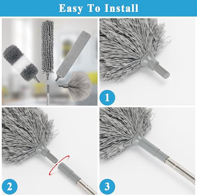 Microfiber Duster Kit 25pcs with 30 to 100 Inches Extension Pole and Baseboard Cleaner Tool, Washable and Bendable Feather Duster for Cleaning Ceiling Fans, High Ceilings, Cobwebs, Blinds,Grey