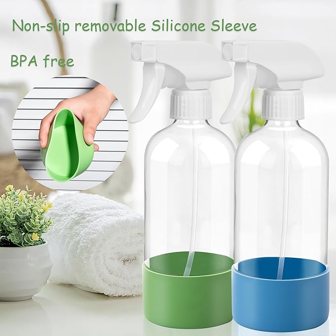 UUJOLY Plastic Spray Bottle Trigger Empty Spray Bottles Clear Refillable Container for Water, Essential Oils, Hair, Cleaning Products, Adjustable Head Sprayer and Stream, Green + Blue