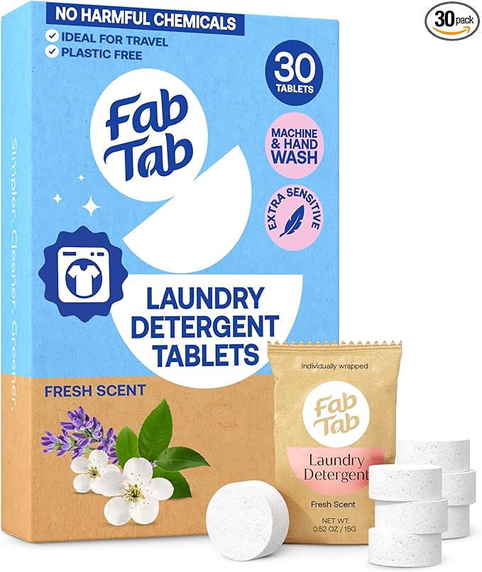 Fab Tab Laundry Detergent Tablets, Plant-Based Formula, Removes Tough Stains, Plastic-Free Alternative to Pods, All Washing Machines (30 Count, Floral)