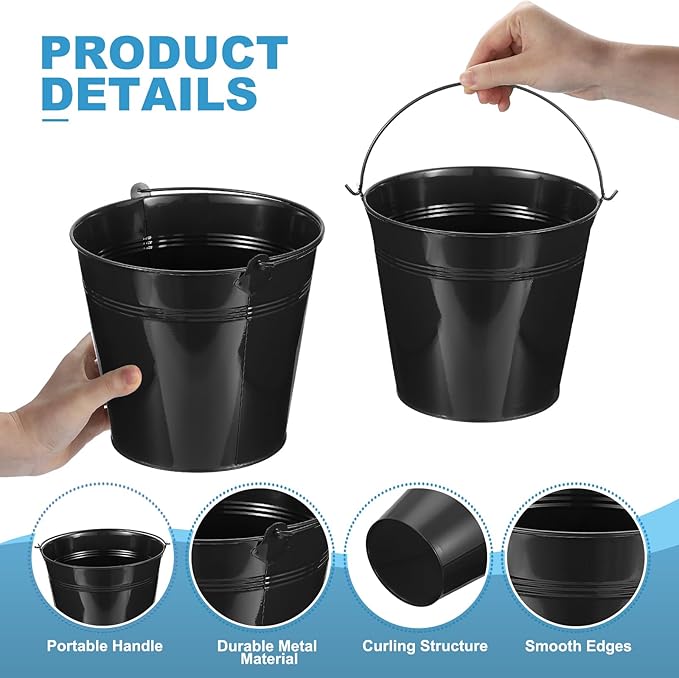 PATIKIL 7"x6.4" Small Metal Buckets with Handle, 6 Pcs Mini Galvanized Bucket Colorful Easter Buckets for Crafts Party Favors Decoration, Black