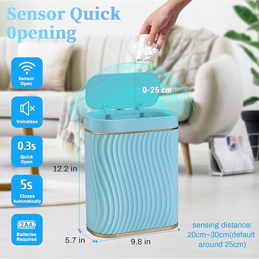Bathroom Small Trash Can with Automatic Touchless Lid, 2.6 Gallon Smart Garbage Can Narrow Waterproof Trash Bin for Bedroom, Office, Living Room