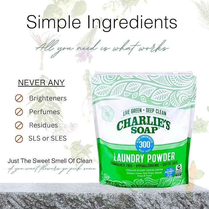 Charlie’s Soap Laundry Powder (300 Loads, 4 Pack) Fragrance Free Hypoallergenic Plant Based Deep Cleaning Laundry Powder – Biodegradable Eco Friendly Sustainable Laundry Detergent
