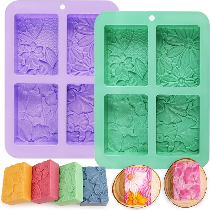 Moukiween Soap Molds Silicone, 3D Rectangular Flower Pattern Silicone Molds for Handmade Craft Soap, Bath Bombs, Chocolate Bars, DIY Candle, Polymer Clay Design