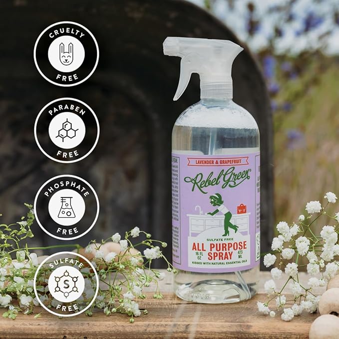 Rebel Green Natural 16 oz All-Purpose Cleaning Spray with 64 oz Refill Bottle - Plant-Based Multi-Surface Cleaner for Kitchen, Bath, Countertops and More - Lavender & Grapefruit Scent