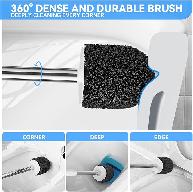Toilet Brush, Toilet Brush and Holder with 304 Stainless Steel Handle, Space Saving Toilet Bowl Brush for Storage, Durable Bristles Toilet Scrubber for Bathroom Cleaning (2, White)