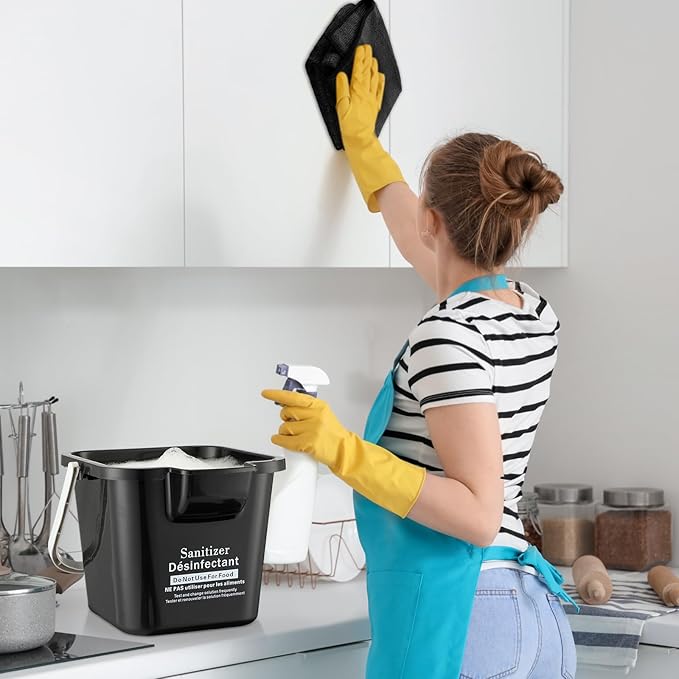 Vesici 6 Sets 3 Quart Cleaning Bucket with Microfiber Cleaning Cloths Small Sanitizing Square Bucket Detergent Plastic Utility Pail with Handle for Household Restaurant Office School Use (Black)