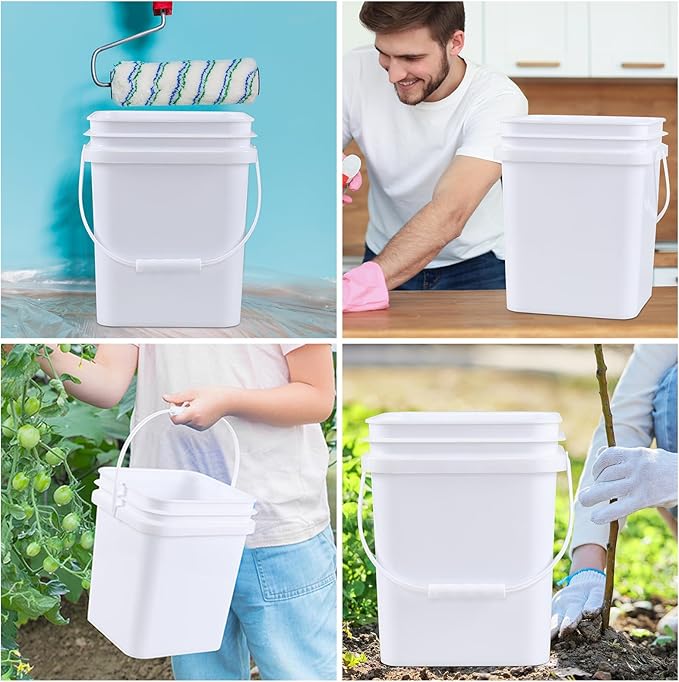 5 Gallon Square Food Plastic Bucket with Lids, White All Purpose Pail with Plastic Handle and Lid, Pack of 4