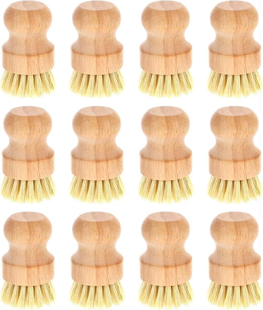 12 Packs Bamboo Dish Scrub Brushes Wooden Scrubbers Set Kitchen Dishwashing Scrubber with Natural Sisal Bristles for Iron Pot Pan Sink