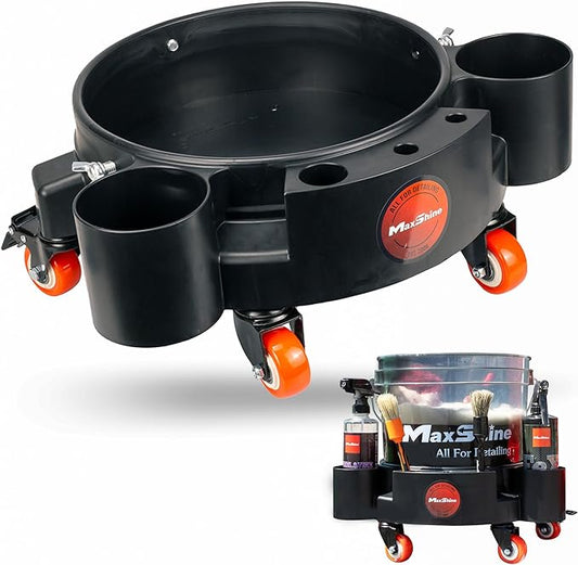 Maxshine Rolling Bucket Dolly (Black) | Heavy-Duty Polypropylene with 4 Swivel Wheels, 2 Shelves & 6 Compartments | Secure Fit, Spill-Free Design for Car Wash & Auto Detailing Organization