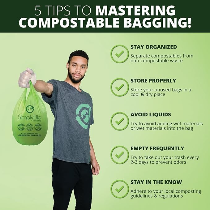 1.6 Gallon Compostable Trash Bags Handle, Heavy Duty Thick 0.6 Mil, 6.06 Liter, 50 Bags, Small Kitchen Food Scrap Waste Bag, ASTM D6400, US BPI and OK Compost Home Certified