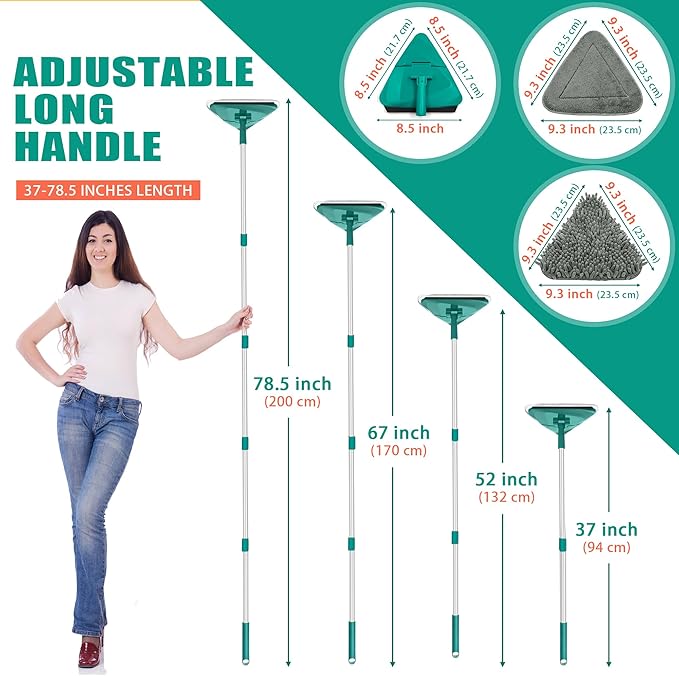 JEHONN Wall Cleaner Mop with Long Handle 82 Inches, 3-in-1 Ceiling Cleaning Tool Duster with 6 Replacement Microfiber Chenille Pads for Painted Walls, Baseboard, Window, Floor (Green)