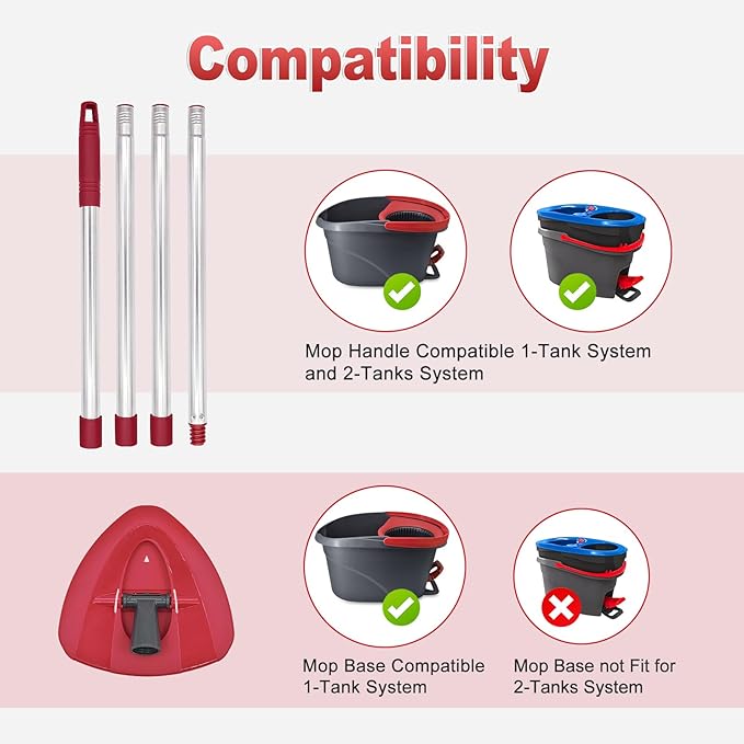 Mop Handle for Ocedar, Mop Handle for O Cedar, Spin Mops Replacement Stick and Base for Ocedar, 4-Section Mops Handles and Base for O Cedar, 30" to 58" Mop Stick Pole and Base for Cedar Mop