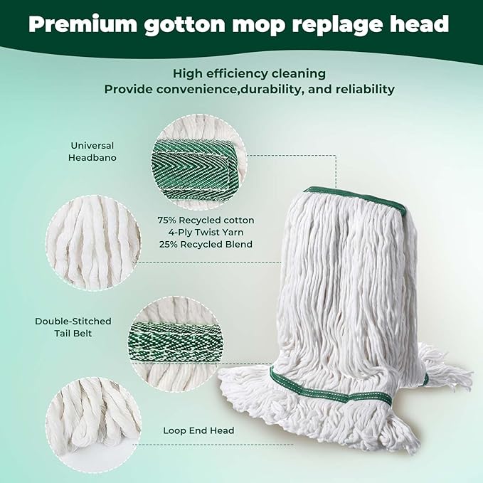 20oz mop Head Replacement, 3 Pack Heavy Duty Industrial Cotton Looped End String Cleaning Mop Head Refills,Used for Home,Garage,Office and Kitchen,White Replacement
