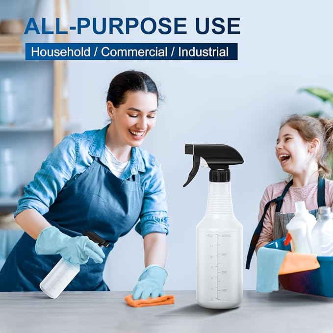 Veco Spray Bottle (2 Pack 16 Oz Black&Folded funnels) with Measurements and Adjustable Nozzle,HDPE Plastic Spray Bottles for Cleaning Solution,Household/Commercial/Industrial Use,No Leak and Clog