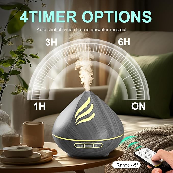 Essential Oil Scent Diffuser: 500ML Aroma Diffuser with Remote Control, Large Fragrance Aromatherapy Diffuser for Bedroom Home, Mist Humidifier with 14 Colors LED Lights and waterless Auto-Off, Grey