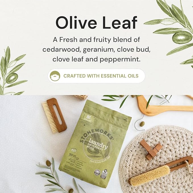 Grab Green Stoneworks Laundry Detergent Pods, Olive Leaf, 50 Count (Pack of 1) Loads-EPA Safer Choice Certified, Powered by Naturally-Derived Plant & Mineral-Based Powder Pods