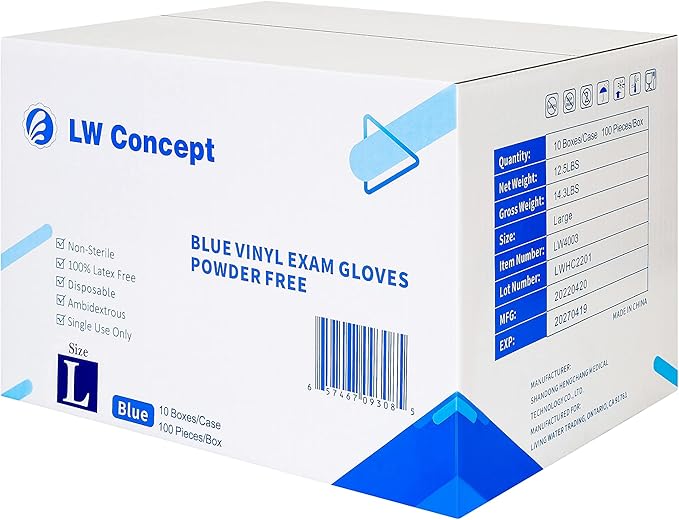 LW Concept Blue Vinyl Exam Gloves for Medical/Food Safe/Cleaning/Handling Use Multipurpose Latex & Powder Free, 4.5 mil (LW4003, Large)
