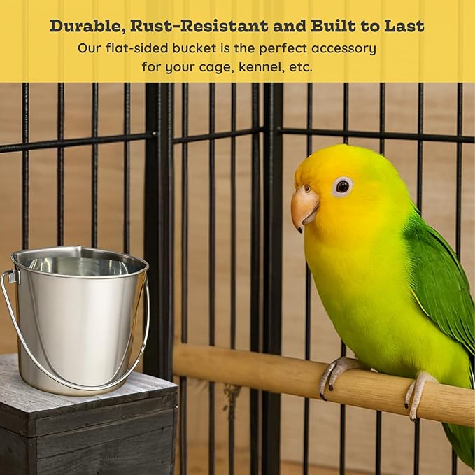 1 Quart Stainless Steel Flat Side Bucket | Durable Heavy Duty Food & Water Feeding Pails for Small Pet Dog Birds Cat | Fits kennels Cages Critter Crates Hanging Pail | Multipurpose Bucket