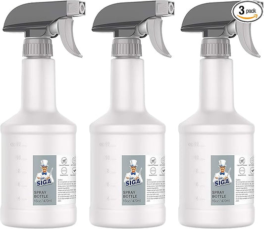 MR.SIGA 16 oz Empty Plastic Spray Bottles for Cleaning Solutions, Heavy Duty Household Reusable Spray Bottles with Measurements and Adjustable Leak Proof Nozzle, 3 Pack