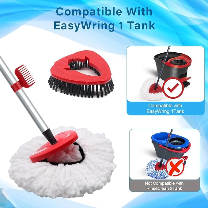 Spin Mop Head and Brush Replacement Compatible with O Cedar EasyWring 1-Tank System, 4 Mop Replace Heads, 1 Handle, 1 Base and 1 Scrub Brush Combo Set