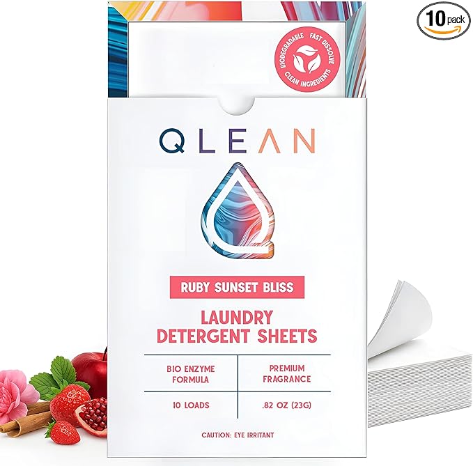 QLEAN Laundry Detergent Sheets (Travel Size 10 Loads) – Travel Laundry Detergent Sheets, Eco-Friendly Laundry Soap, HE & Standard Washer Safe, Stain Remover, Skin-Friendly - Ruby Sunset Bliss