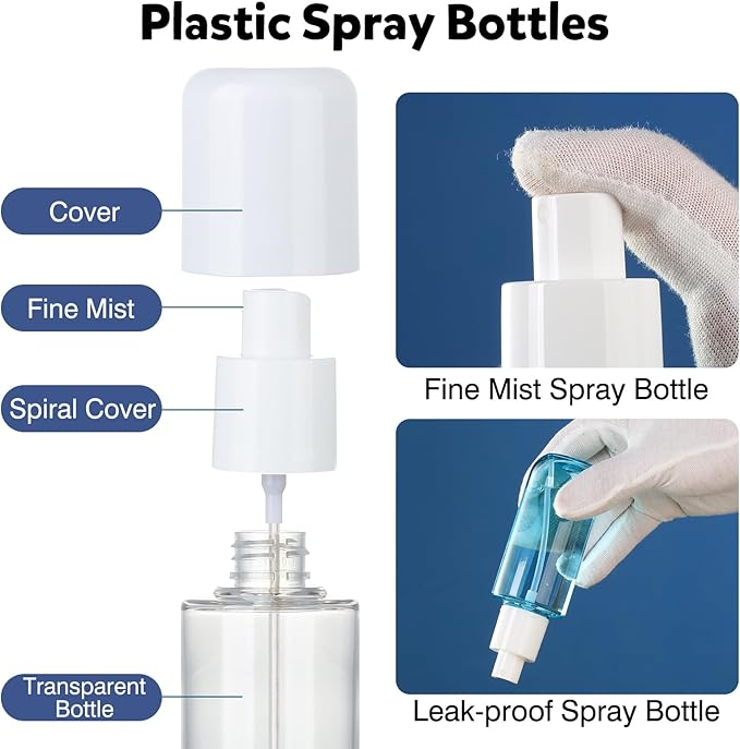 Bynccea Travel Spray Bottle 3.4oz/100ml Plastic Mini Bottle Set - Fine Mist Mini Empty Spray Bottles - Refillable Small Spray Bottles for Cleaning Solutions, Liquid Cosmetics