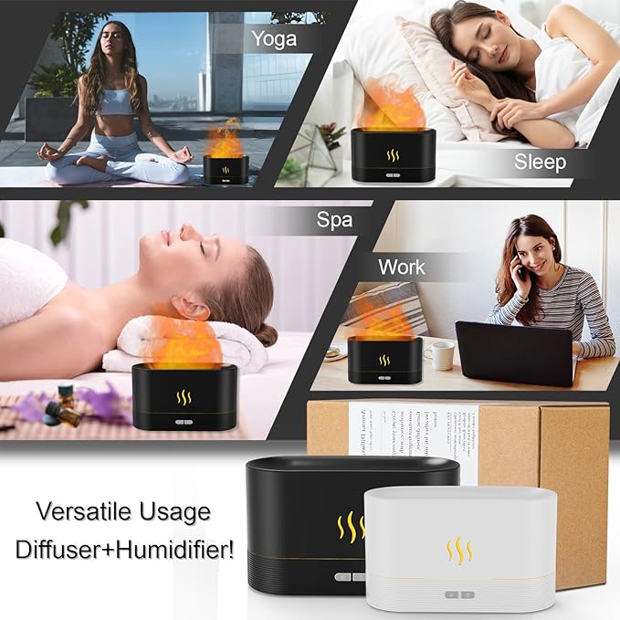 Essential Oil Diffuser, Flame Air Humidifier with Fire Led Light - 2 Rightness, 180mL Capacity (8 Hours), Auto-Off Protection Air Diffuser for Home Bedroom Office Gifts(White)