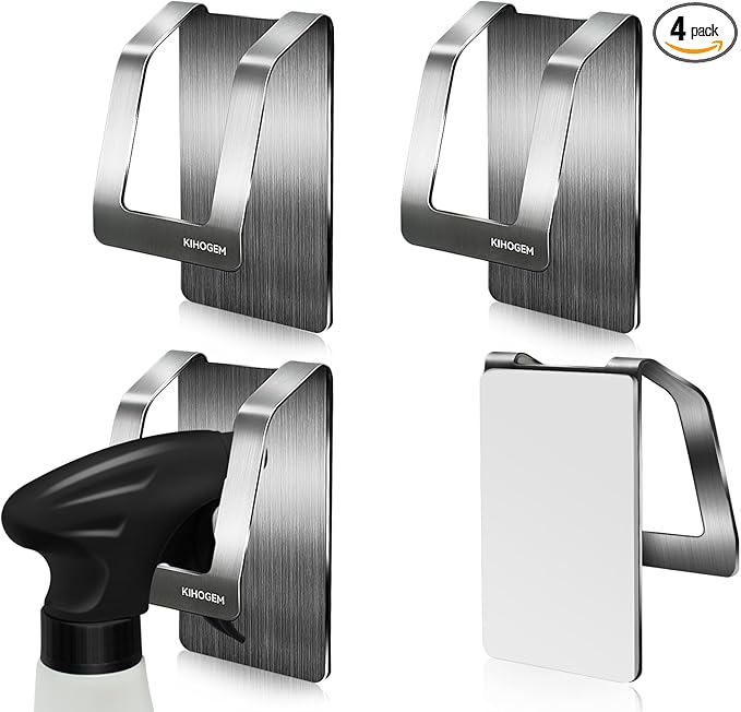 KIHOGEM Spray Bottle Hanger, Adhesive Spray Bottle Hook Stainless Steel Spray Bottle Holder Wall Mount Non Drilling for Cabinet, Kitchen or Under Sink (4pcs)