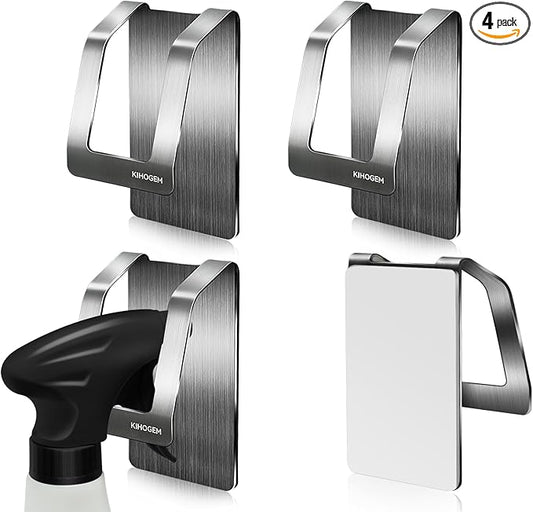 KIHOGEM Spray Bottle Hanger, Adhesive Spray Bottle Hook Stainless Steel Spray Bottle Holder Wall Mount Non Drilling for Cabinet, Kitchen or Under Sink (4pcs)