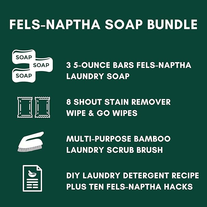 Fels-Naptha Laundry Detergent Bar Soap and Stain Remover Bundle - Includes 3 (5-ounce) Fels Naptha Laundry Bar, 8 Shout Wipes, Eco Bamboo Scrub Brush, DIY Detergent Recipe by Foxtail Collective