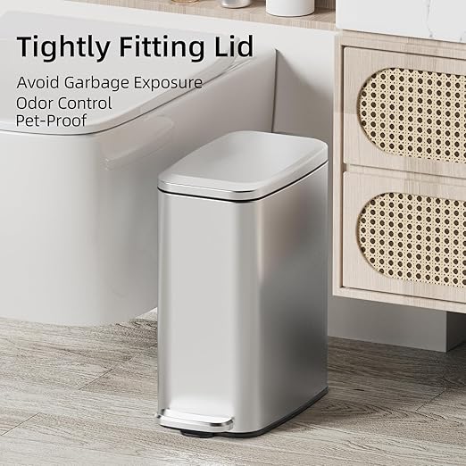 KUK Slim Bathroom Trash Can with Lid, 1.6 Gal / 6L Stainless Steel Small Garbage Bin with Detachable Inner Bucket, Step Pedal, Silent Close, Wastebasket for Toilet, Bedroom, Home, Office (Silver)
