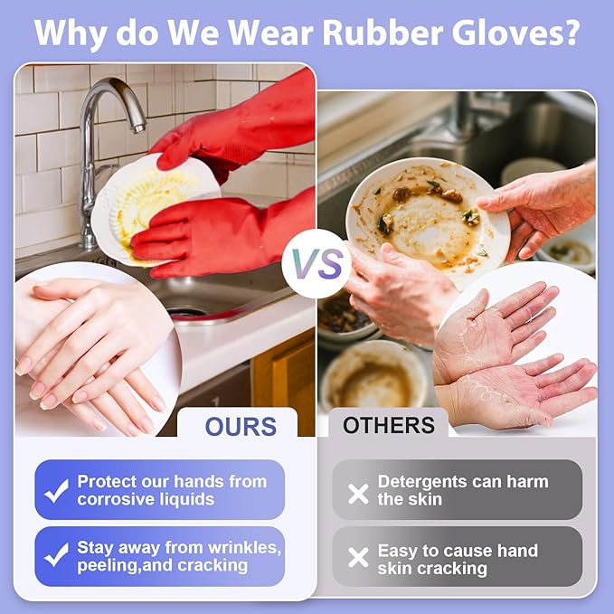 Rubber Kitchen Dishwashing Gloves - 4 Pairs Colorful Reusable Cleaning Gloves for Kitchen Washing Dishes and Household Cleaning(XL, Blue+Pink+Yellow+Red)
