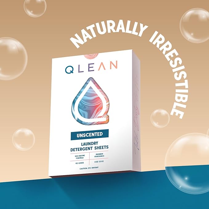 QLEAN Laundry Detergent Sheets (Travel Size 10 Loads) – Travel Laundry Detergent Sheets for Sensitive Skin, Unscented Fragrance Free Eco-Friendly Laundry Soap, HE & Standard Washer Safe, Stain Remover