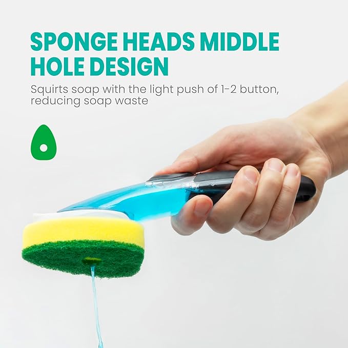 HELIME Dishwand Handle with 5 Heavy Duty Sponge Refills,Dish Wand Refill with Hole,Non-Scratch Dishwashing Brush with Soap Control Dispenser, Leak-Proof Kitchen Scrubber for Pans,Dishes,Scrub Clean