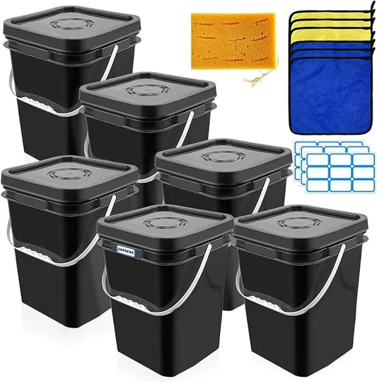 6 Pcs 5 Gallon Square Bucket with Lid,Industries Barrels with lid and Plastic Handle,Rain Buckets,Food Storage Containers DIY Label Stickers Towel and Brush for Paint Storage Tank Crafts