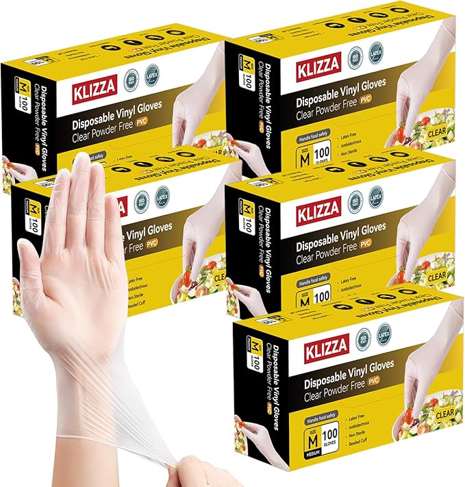 Disposable Vinyl Gloves, Latex-Free, Powder Free, Clear Plastic Gloves, for Cleaning, Cooking, Food Prep