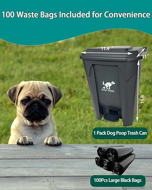 Dog Poop Trash Can Outside – 20L Outdoor Pet Waste Bin with Foot Pedal Lid, Removable Inner Bucket & 100 Bags – Waterproof, Odor Control Trash Can for Backyard, Patio, Garden