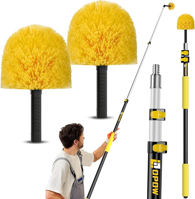 5-to-12 Foot Cobweb Duster with Extension Pole, 20 Ft High Reach and 2 Replaceble Spider Web Brush Heads, Heavy Duty for Indoor & Outdoor Use