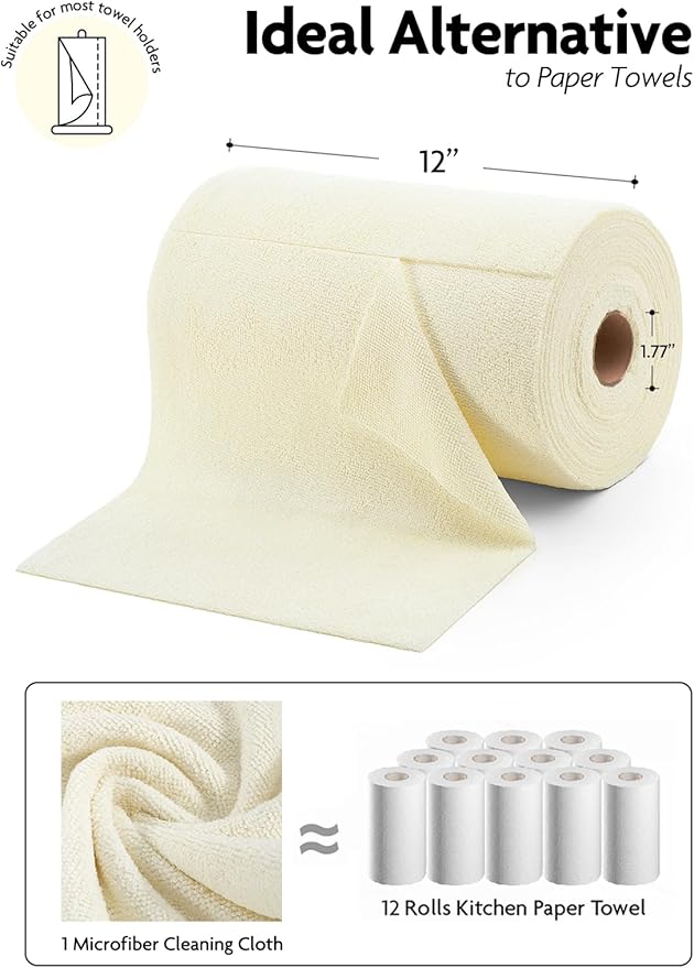 Fantasticlean Microfiber Cleaning Cloth Roll -75 Pack, Tear Away Microfiber Towels, 12" x 12", Reusable, Washable, Scratch Free, Ultra Absorbent Dishcloth for Home Supplies, Car, Pet, Kitchen (Beige)