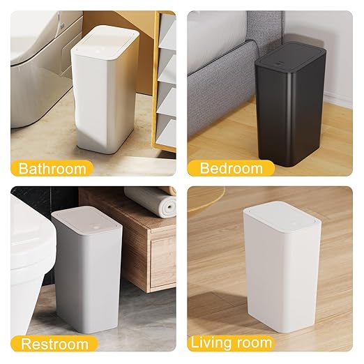 N. NETDOT 3 Pack 10L / 2.6 Gallon Small Trash Can with Lid,Bathroom Garbage Can with Pop-Up Lid,Waste Basket for Bathroom,Kitchen,Bedroom,Powder Room,Office,College (Black-Grey-Off White)