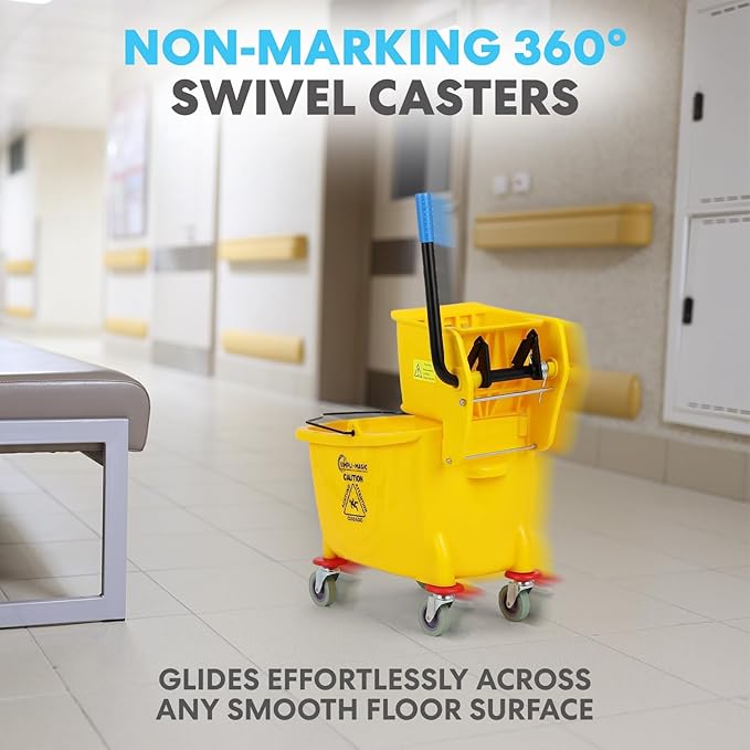 Simpli-Magic Side Press Wringer Combo Commercial Mop Bucket on Wheels, 35 Quart,Yellow, Including Wet Floor Caution Sign and Mop Set