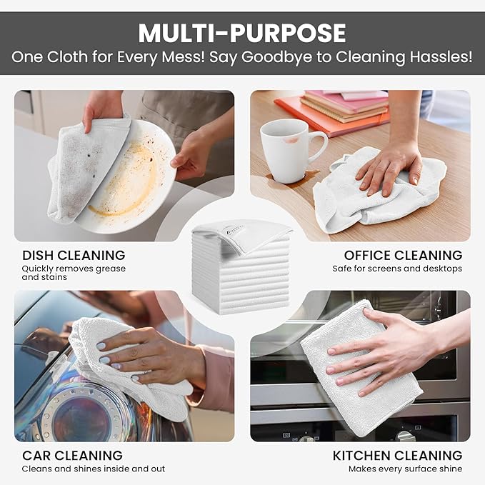 Microfiber Cleaning Cloth, 12 Pack Lint-Free and Highly Absorbent Rags, White Reusable Microfiber Towels for Car, Kitchen, Bathroom and Household Cleaning Supplies, 11.8"X11.8"
