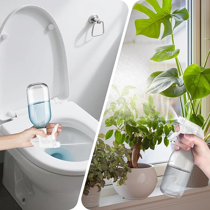 Tecohouse Glass Spray Bottles 8oz, 2 Pack 360° Glass Spray Bottle for Cleaning Upside Down Mister Squirt Bottle with Adjustable Nozzle for Hair, Plants, Pet Clear White Nozzles