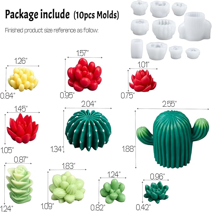 Succulent Wax Molds for Candle Making 10 Pack 3D Cacti Silicone Candle Mold Handmade Cactus Flower Plant Decorate Cement Resin Casting Soap Ornament Craft Mold Chocolate Cake Fondant Moulds Home Decor