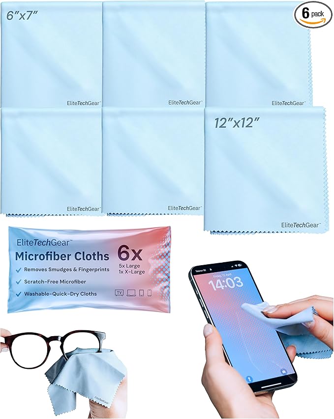 Elite Screens Microfiber Cleaning Cloths 6-Pack - 6×7 in & 12×12 in, Light Blue - Screen & Lens Cleaning Cloths for Eyeglasses & Electronics